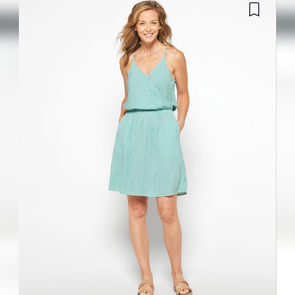 Market & Spruce Liliana surplice wrap dress in light blue/green striped Size M